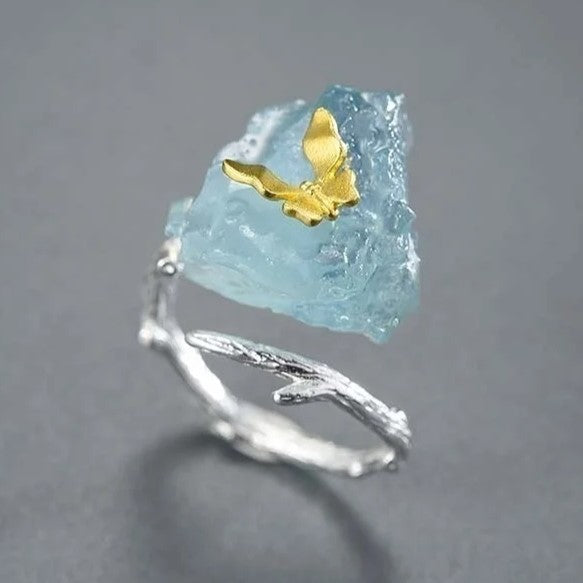 Anel Borboleta em prata 925 com Acquamarine